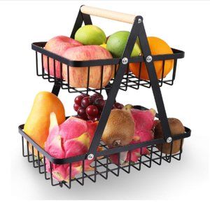 2-Tier Metal Wire Fruit Basket - Tabletop Fruit/Vegetable Storage for Kitchen